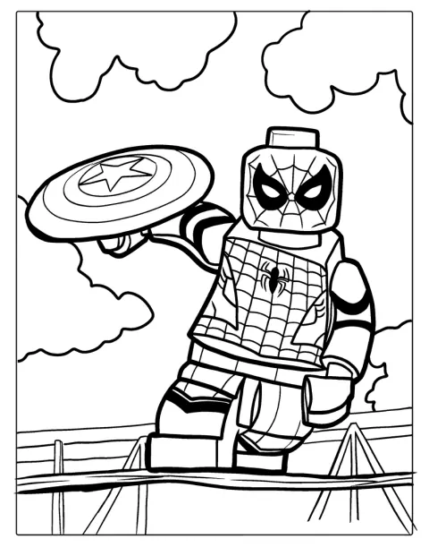LEGO Spider-Man trzyma tarczę należącą do Captain America.