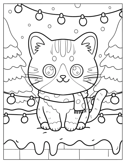 Un gato kawaii con bufanda se sienta bajo unas luces de invierno.