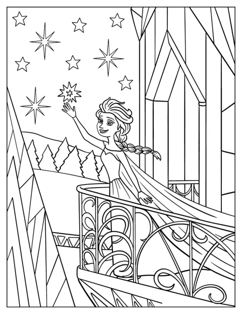 Elsa tiende la mano a la sirena desde el balcón de un castillo.
