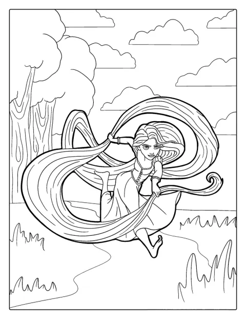 Ihr langes Haar fällt Rapunzel bis weit über den Boden.