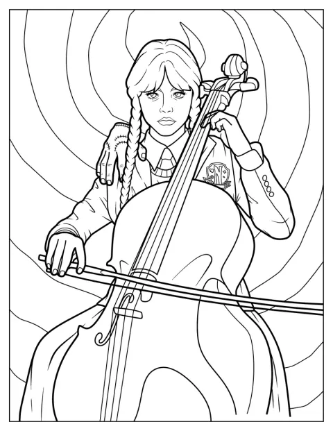 Wednesday suona il violoncello e Thing le sta appollaiato sulla spalla.
