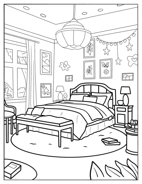 Quadros, uma otomana e luzes pendentes decoram este quarto elegante.