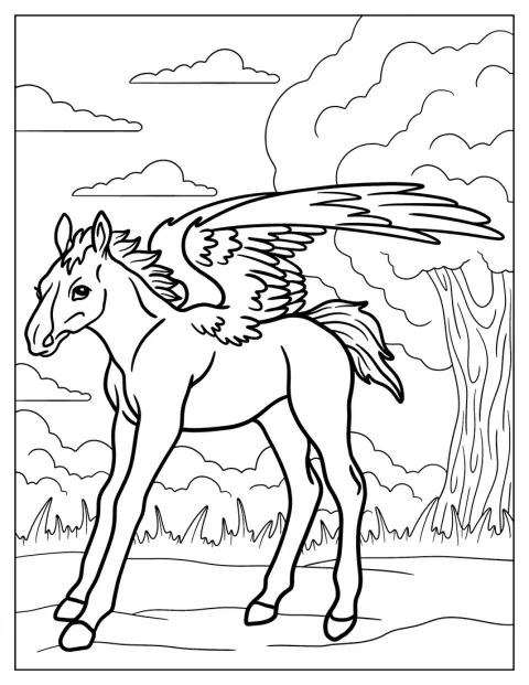 Un Pegaso joven pasea entre los árboles del bosque.