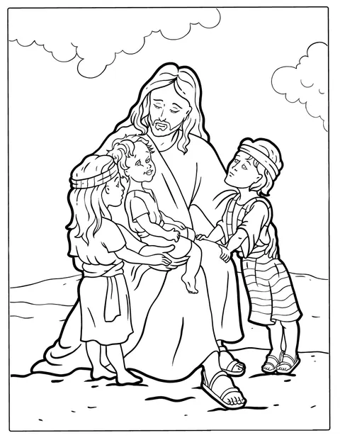 Jesus trøster en gruppe børn.