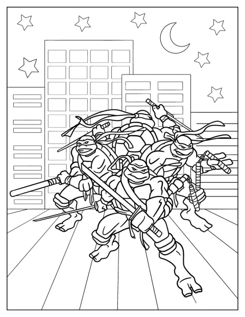Leonardo, Donatello, Raphael a Michelangelo stojí společně jako želví nindžové.