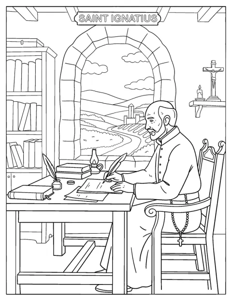 À son bureau, saint Ignace écrit dans une étude d’église.