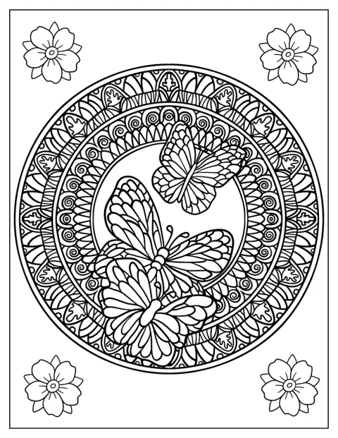 Una farfalla e numerosi fiori formano un mandala complesso.