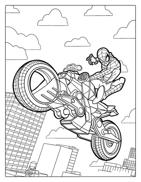 Spider-Man pędzi na motocyklu.