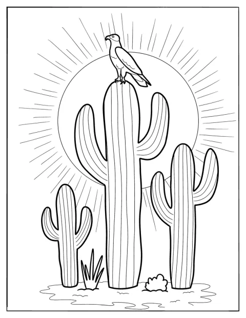 Un aigle est posé au sommet d’un cactus dans un décor bohème.