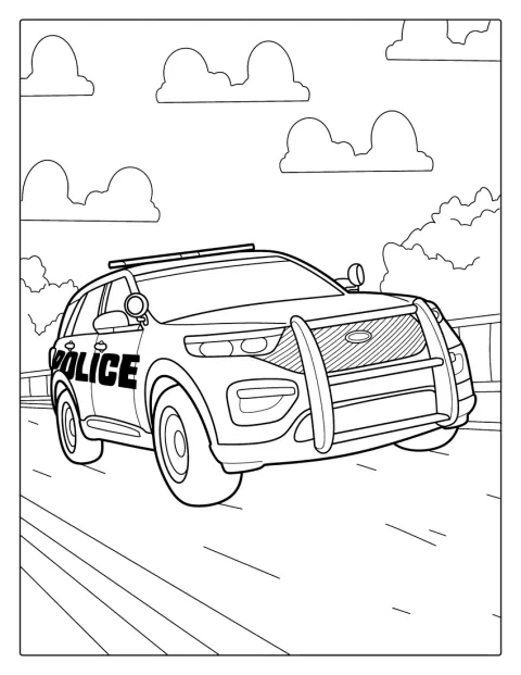 Um carro da polícia acelera pela autoestrada.