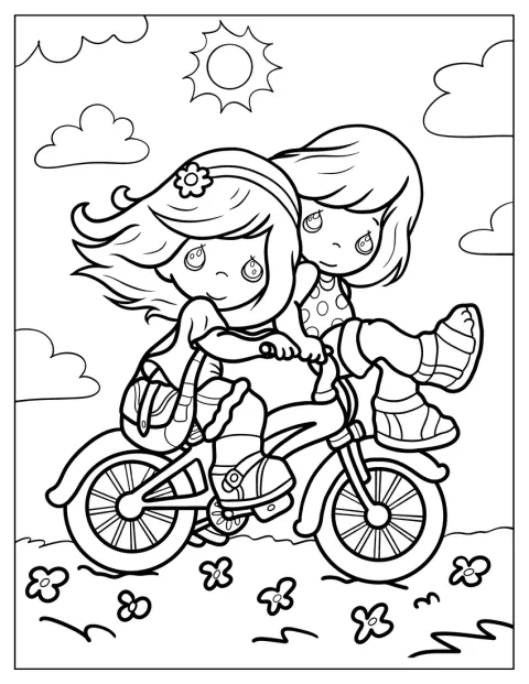 Precious Momentsの少女二人が、並んで自転車に乗っています。