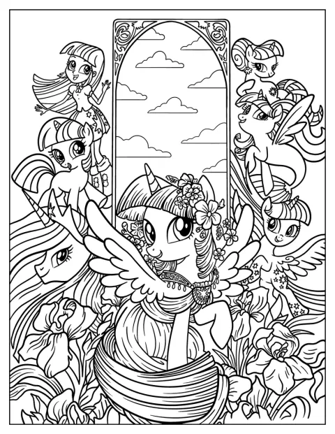 Twilight Sparkle surge em várias imagens reunidas numa montagem.