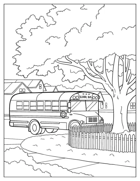 Uno scuolabus è parcheggiato davanti a un albero maestoso.
