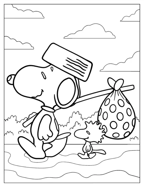 Snoopy geht mit einem Rucksack auf dem Rücken spazieren.