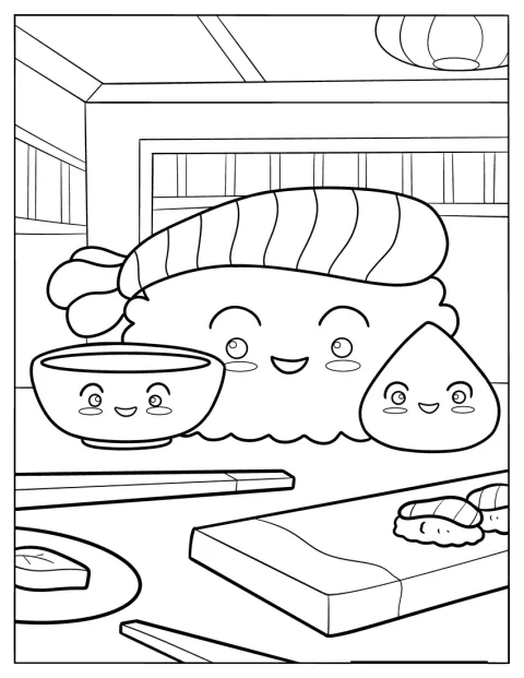 En glad nigiri står på en bräda bredvid soja och wasabi.