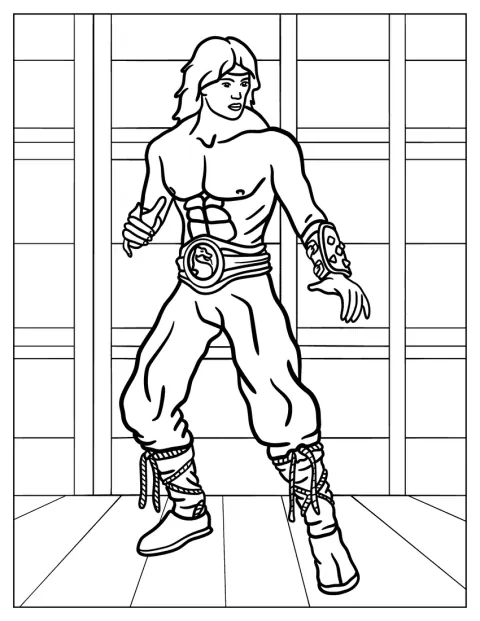 Liu Kang stă în poziție de luptă, cu pumnii ridicați.