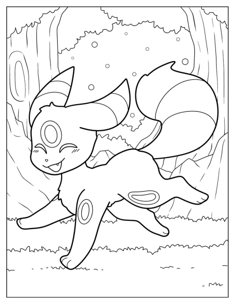 Umbreon rent tussen de bomen door in een bos.