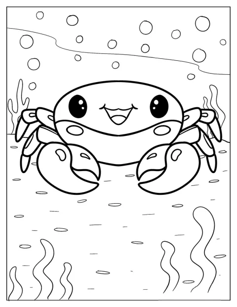 海の中で、漫画風のカニが楽しそうに手を上げています。