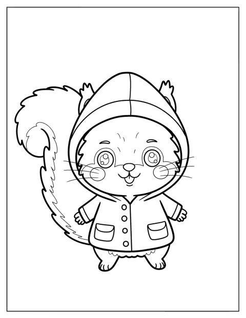Ein flauschiges Eichhörnchen trägt einen Regenmantel mit Kapuze.