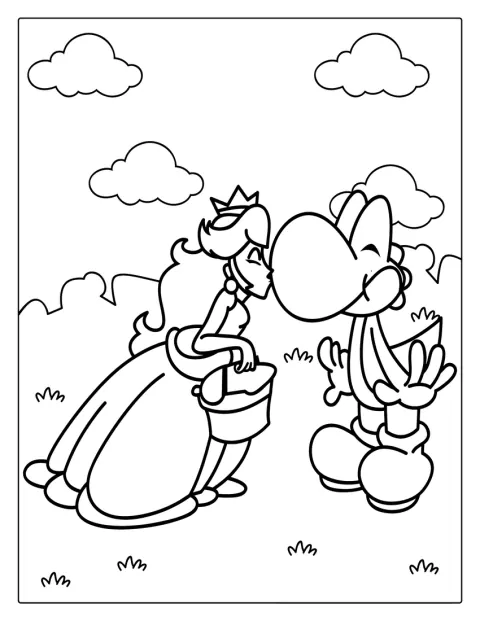 Prinzessin Peach gibt Yoshi einen Kuss.