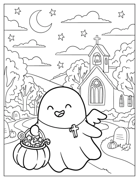 Un fantasma con alas lleva caramelos para repartir en Halloween.