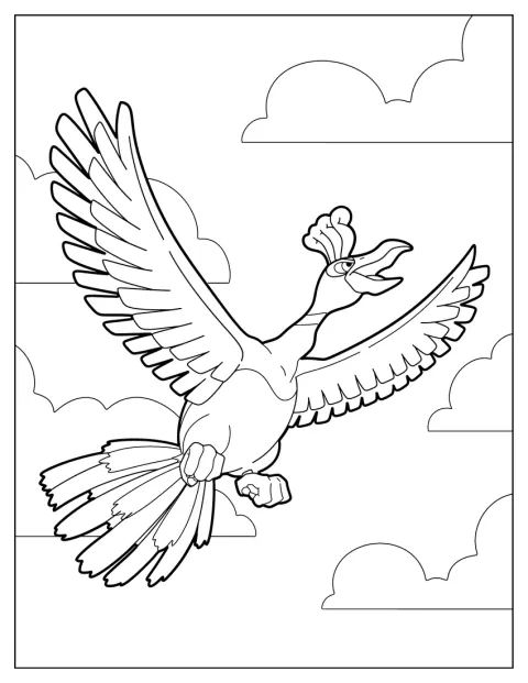 Ho-Oh flyver gennem himlen med sine store vinger slået ud.