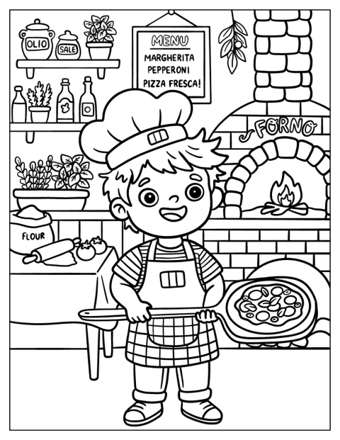 Um jovem cozinheiro segura uma pizza acabada de fazer numa cozinha italiana.