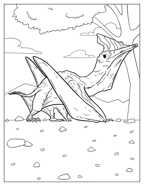 Junto a un árbol, un pterodáctilo descansa.
