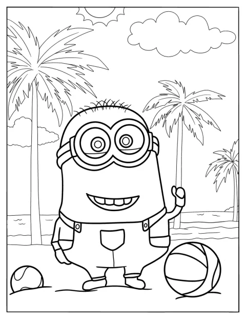 Un Minion si trova sulla spiaggia.