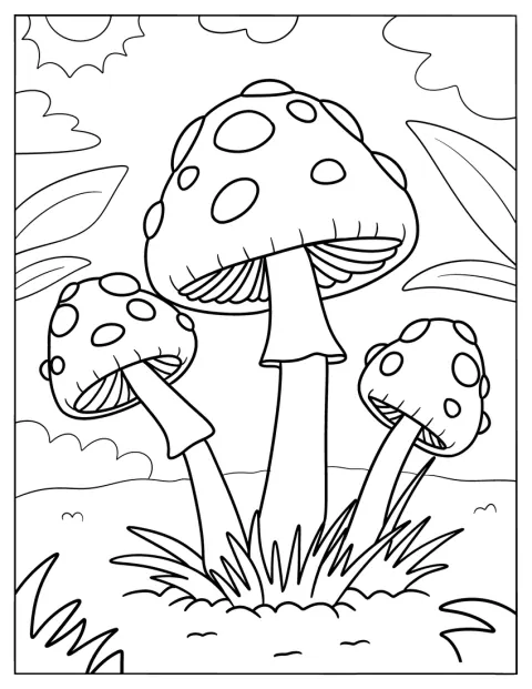 Trois champignons réalistes poussent au milieu de grandes plantes.
