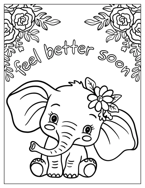 Chibi-tyylinen norsu seisoo Feel better soon -tekstin alla.