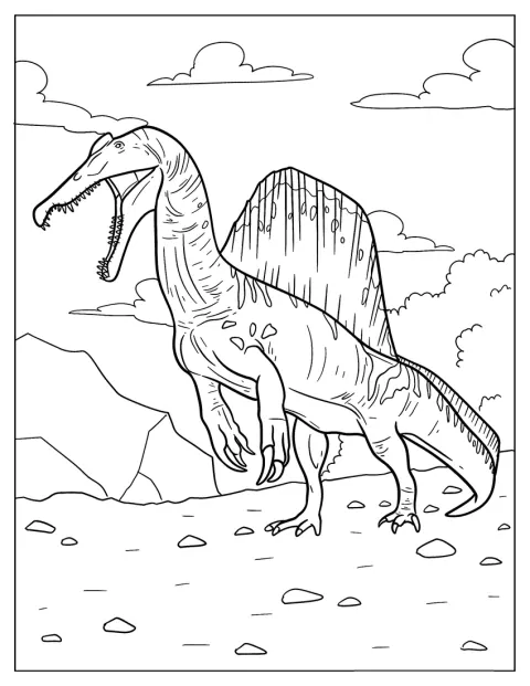 Von der Seite sind die scharfen Zähne und Klauen des Spinosaurus zu sehen.