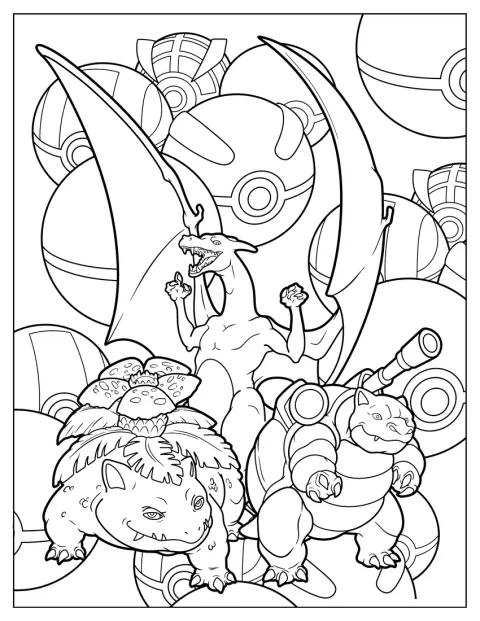 Blastoise, Charizard e Venusaur sono riuniti nella stessa scena.