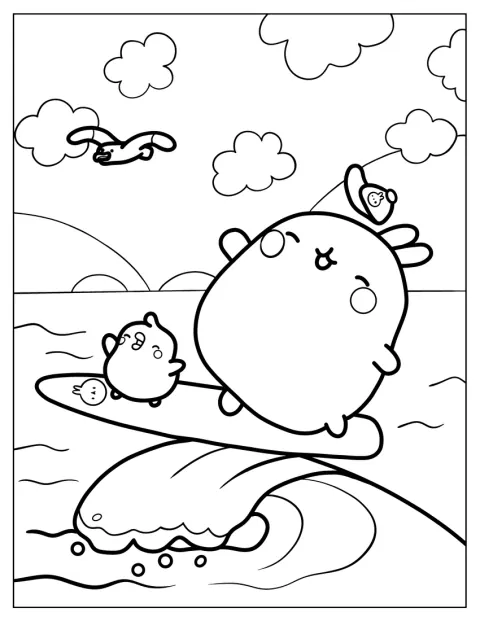 Sur une vague, Molang et Piu Piu s’essaient au surf.