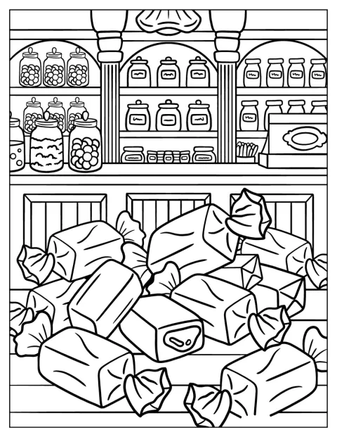 Un présentoir expose des caramels dans une confiserie à l’ancienne.