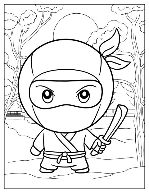 En alvorlig chibi-ninja holder et skarpt sverd.