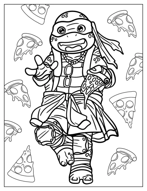 Unge Michelangelo holder en pizza med et fornøyd smil.