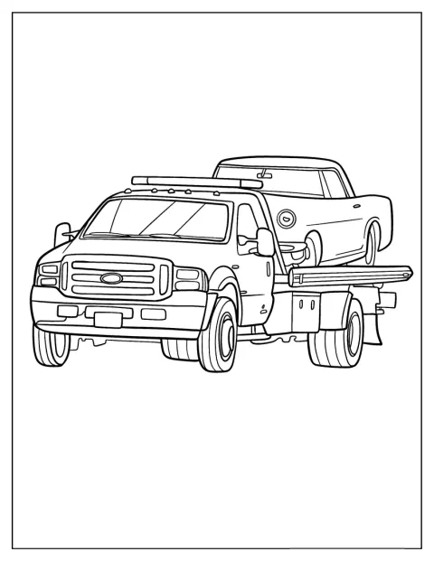Van voren zie je een sleepwagen die een auto vervoert.