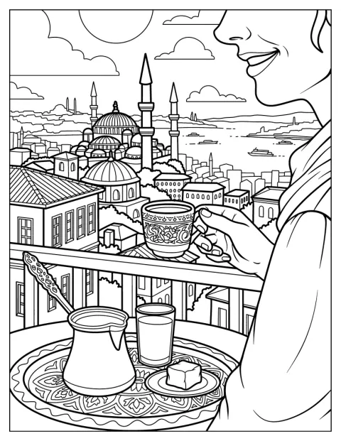 Uma chávena de café turco repousa numa varanda com vista para Istambul.