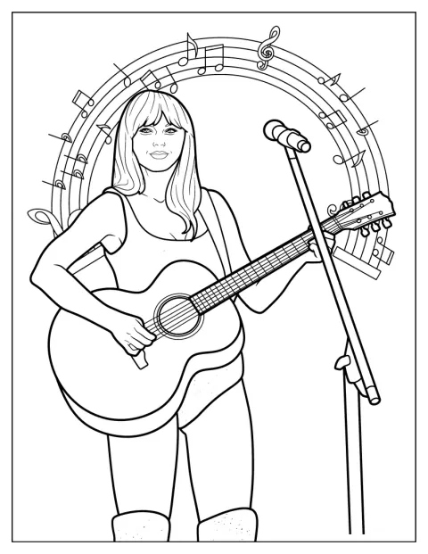 Taylor Swift speelt gitaar terwijl ze staat.