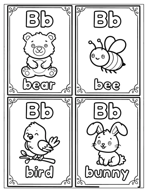 Bのカードに、クマ、ミツバチ、鳥、ウサギが描かれています。