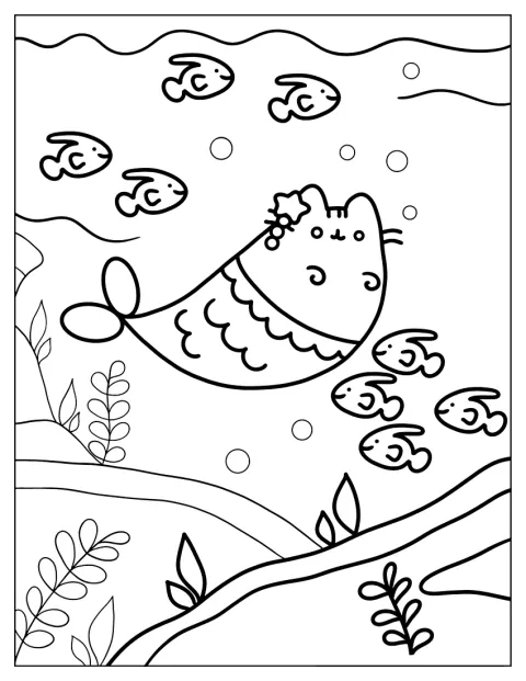 Pusheen aparece transformada numa sereia, com cauda e detalhes marinhos.