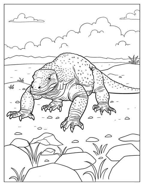 Un dragon de Komodo acoperit de solzi se află pe țărm, lângă mare.