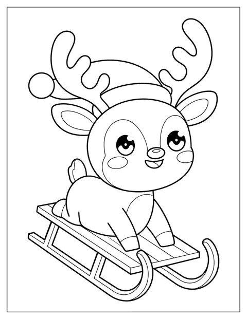 Hravý sob v čepici Santa Clause sjíždí na saních.