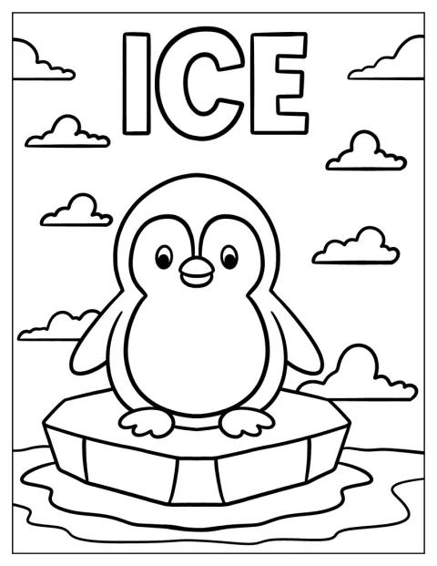 Söpö chibi-pingviini seisoo taivaalla näkyvän jäätekstin alla.