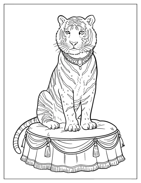 En tiger sitter rankt på en pidestall foran sirkuspublikumet.
