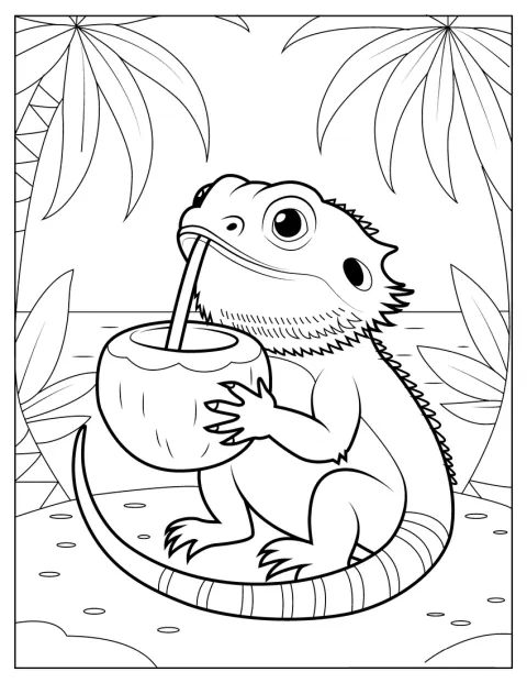 Un dragon barbu boit du jus de coco à la paille.