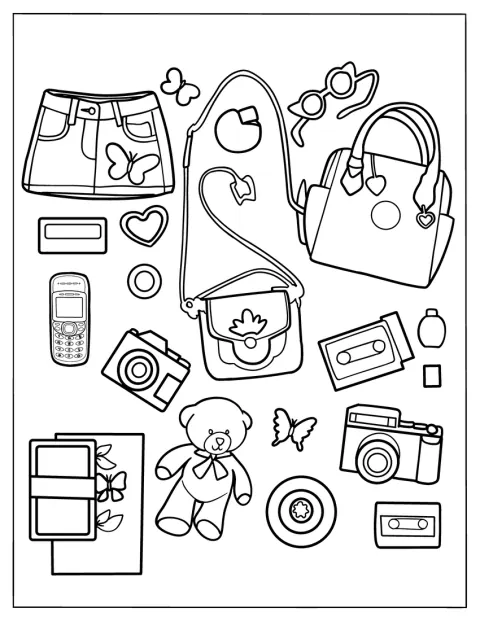 Sacs à main, appareils photo numériques, téléphones et cassettes sont réunis.