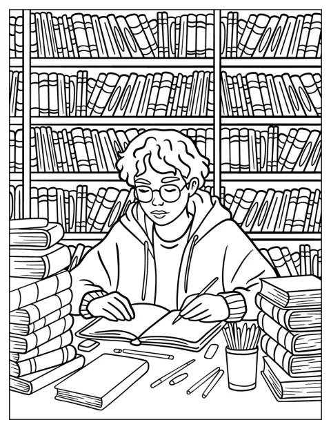 本や鉛筆、開いたノートに囲まれ、男の子が図書館で勉強しています。