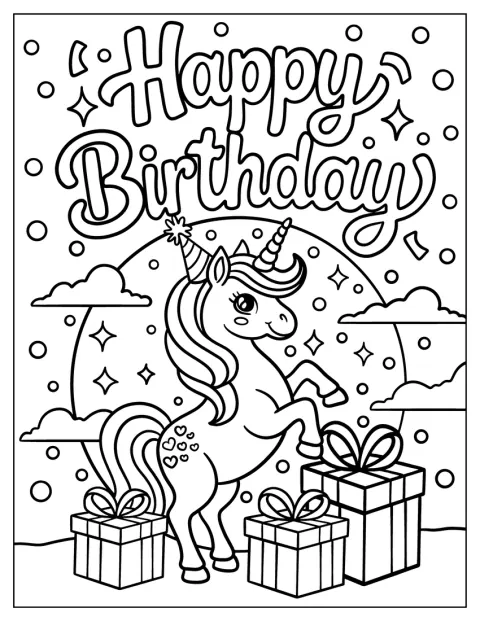 Un unicorn drăguț stă lângă cadouri de ziua ta.